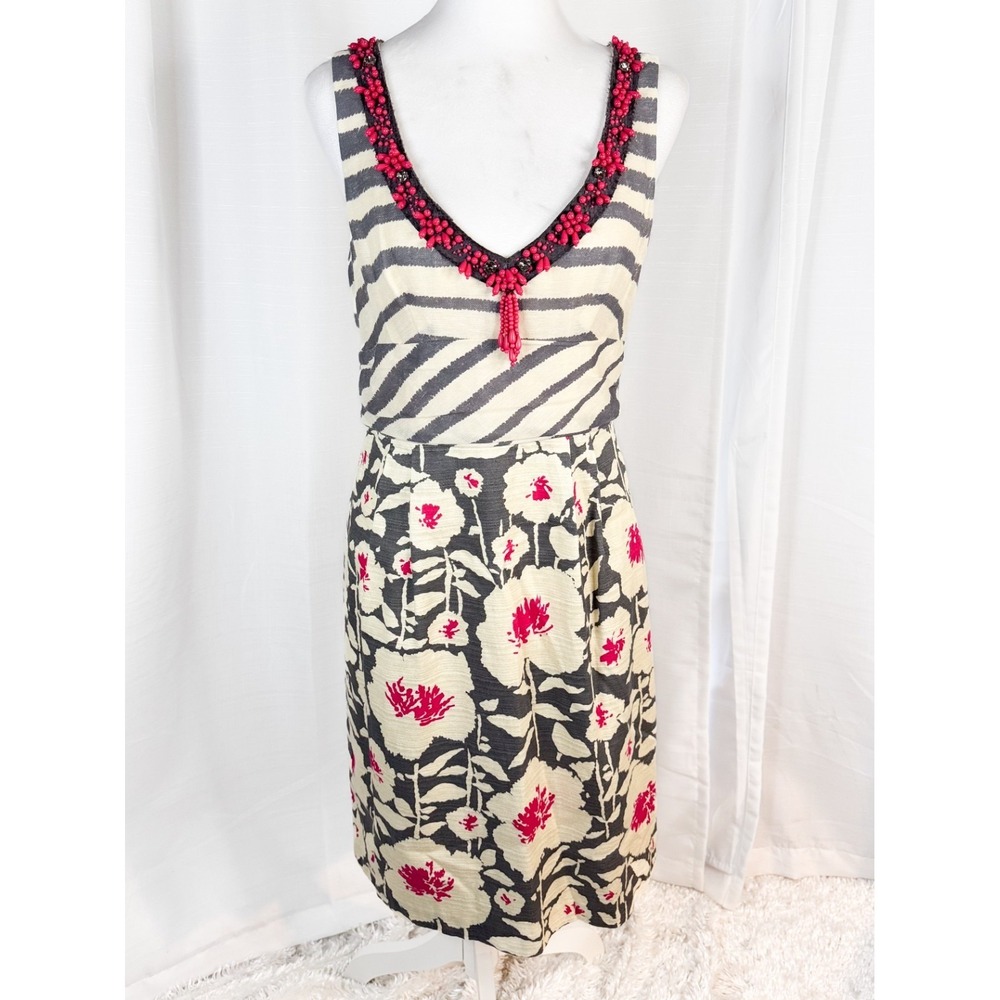 Nanette Lepore Silk Linen Dress 10 Beaded Neck Floral Stripe Sheath EUC